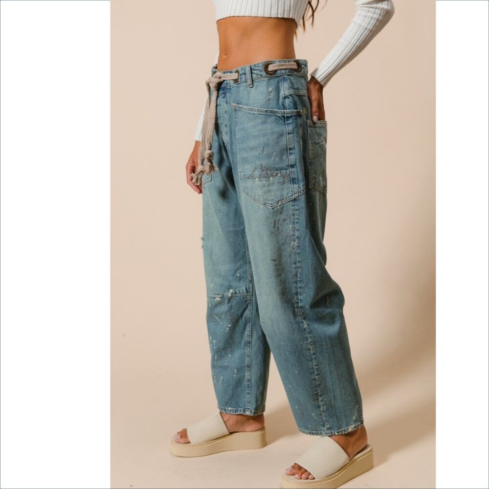 Barrel Jeans Braided Waist Belt Drip Paint Distressed Washed Denim Pants